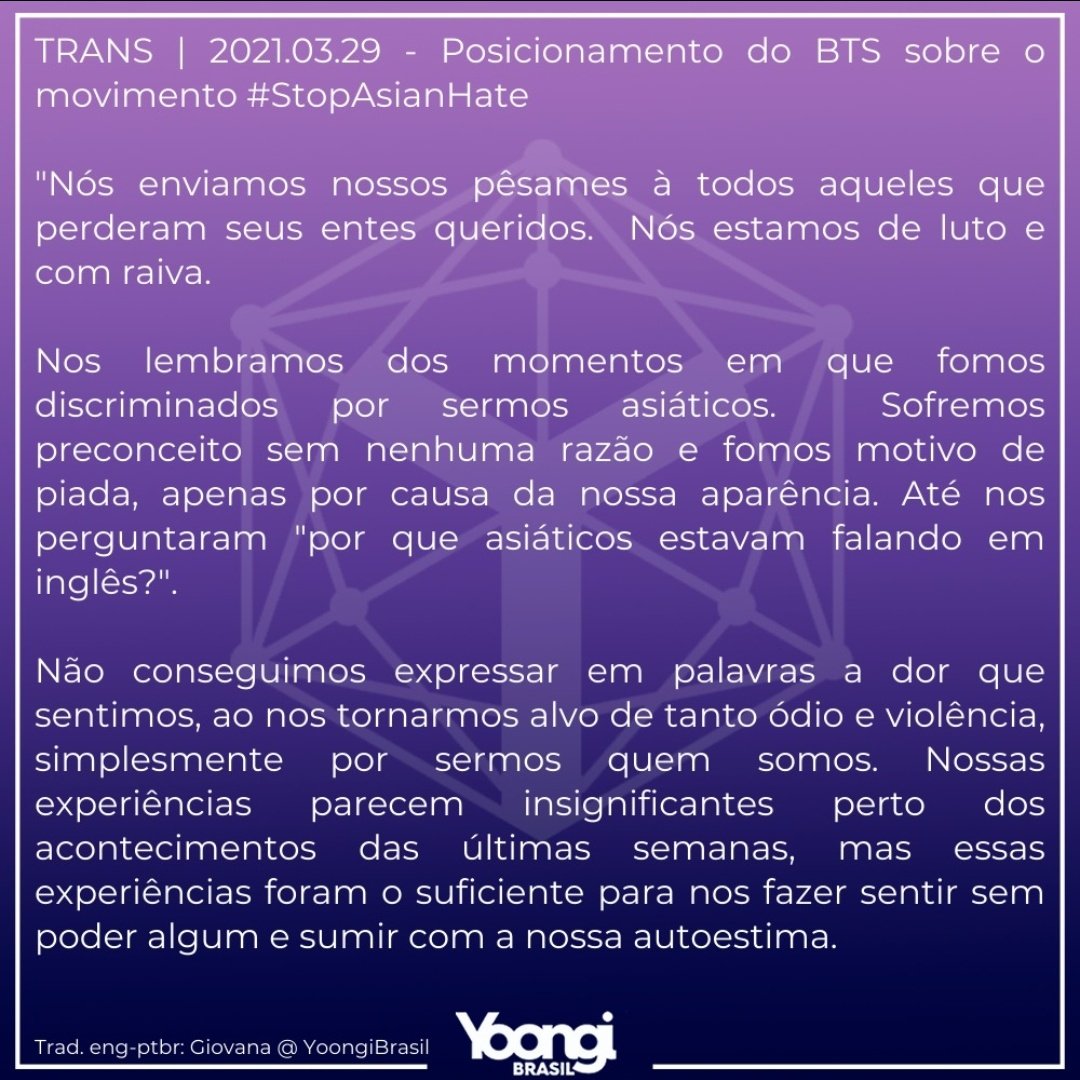 YoongiBrasil's tweet image. TRANS | 2021.03.29 - Posicionamento do @BTS_twt sobre o movimento #StopAsianHate 

“ Sofremos preconceito sem nenhuma razão e fomos motivo de piada, apenas por causa da nossa aparência. 
Até nos perguntaram "por que asiáticos estavam falando em inglês?" ”

#StopAAPIHate