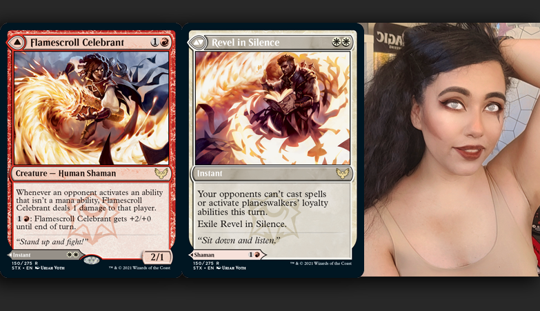 nessameowmeow's tweet photo. Thank you @wizards_magic for the free preview card for the upcoming set Strixhaven! Such I cool card I had to do a makeup look inspired by the artwork🔥

Meet Flamescroll Celebrant! This double faced card is sure to spice up a boros aggro deck! 🔥 (individual card pictures below) https://t.co/L6BiTSA5zB