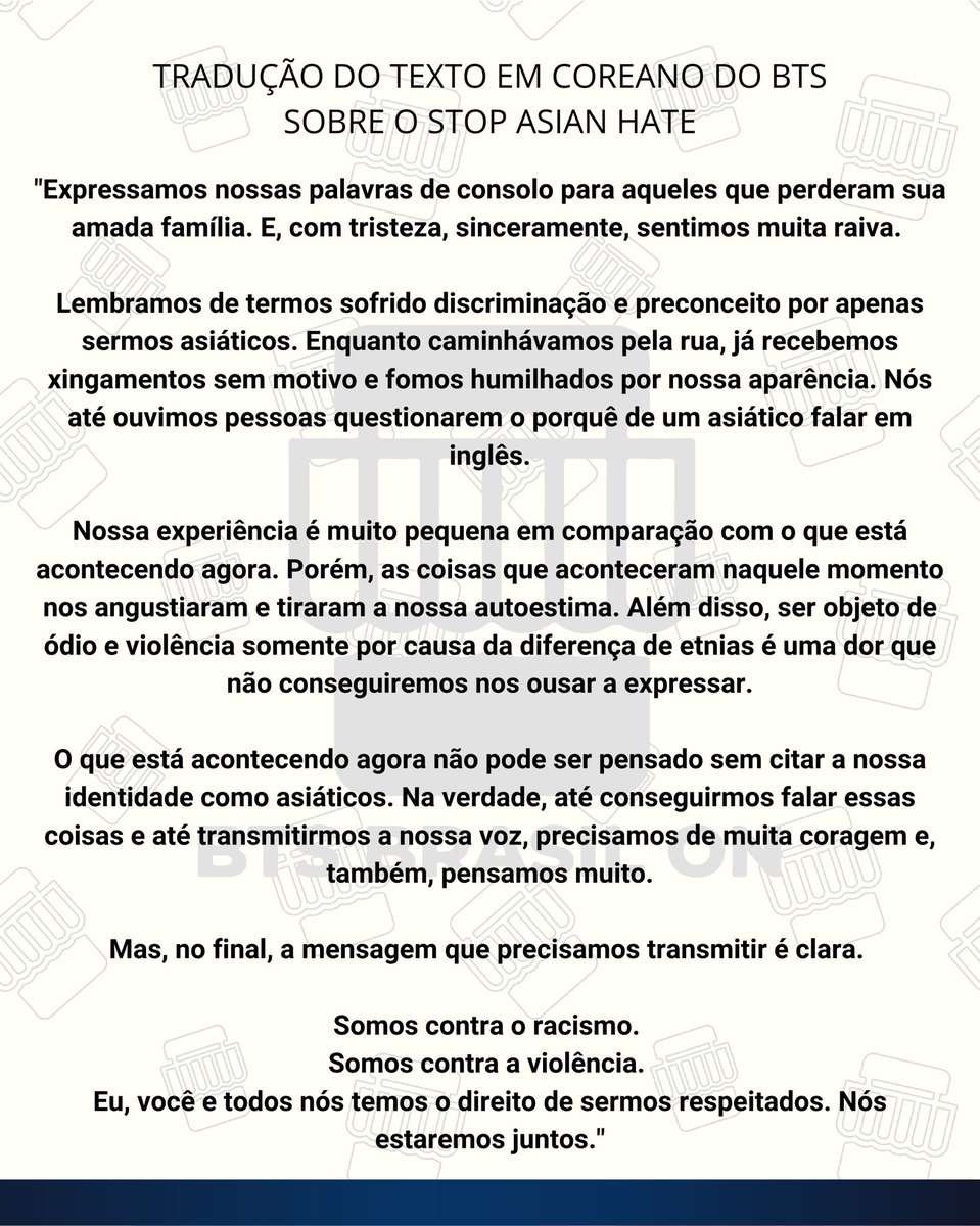 btsbrasil_on's tweet image. [TRAD] 21.03.29 | Tradução dos textos do #BTS (@BTS_twt) ㅡ coreano e inglês para PT-BR.

"Eu, você e todos nós temos o direito de sermos respeitados. Nós estaremos juntos."

#StopAAPIHate #StopAsianHate