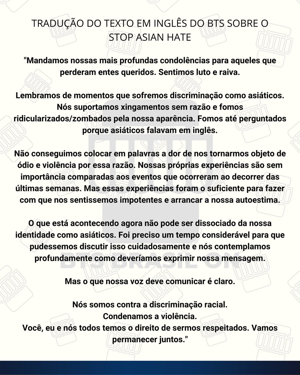 btsbrasil_on's tweet image. [TRAD] 21.03.29 | Tradução dos textos do #BTS (@BTS_twt) ㅡ coreano e inglês para PT-BR.

"Eu, você e todos nós temos o direito de sermos respeitados. Nós estaremos juntos."

#StopAAPIHate #StopAsianHate