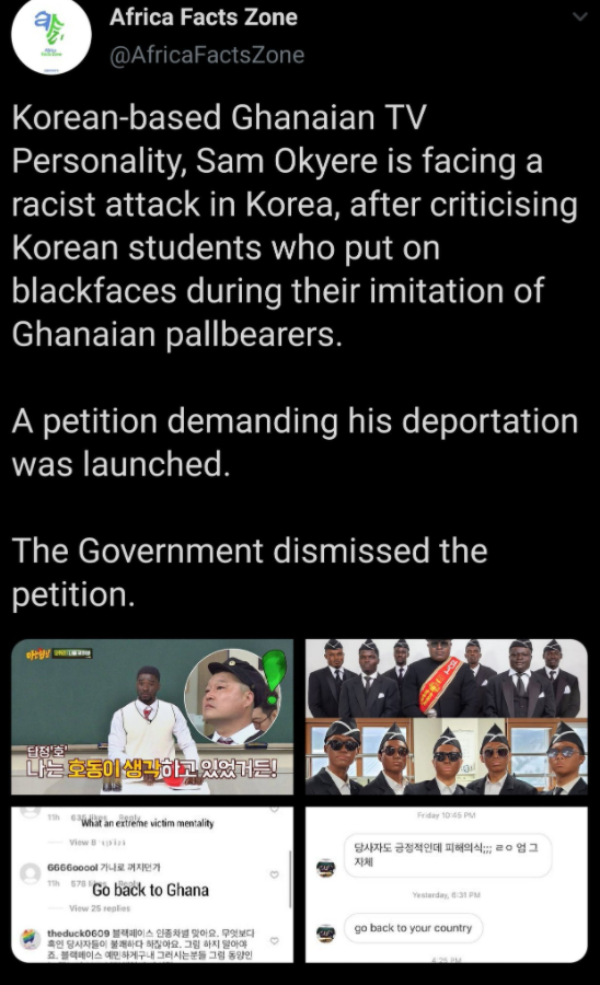 12. It is not a class thing. It is simply pure unfiltered racism and the false belief of being superior or above us in any shape or form.They made a petition to deport an african D-list celebrity in korea because he dared to criticize blackface