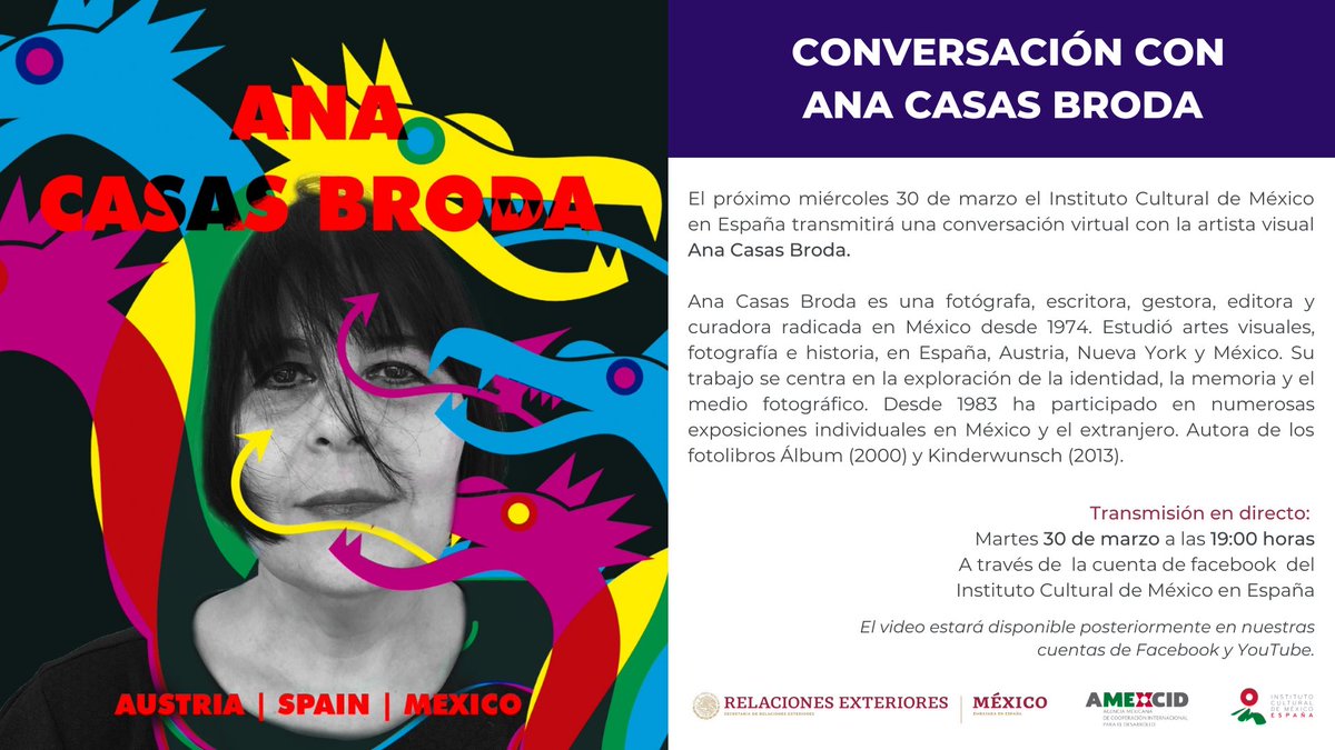 Los invito a la conversación con Mónica Sotos MARTES 30 de marzo en el Instituto Cultural de México en España - ICME, sobre mi obra personal y las actividades que realizamos en HYDRA + FOTOGRAFÍA 
.
En vivo en FB o YouTube del <a href="/IMEXEsp/">Instituto Cultural de México en España</a> .
.
11:00 am México 
19:00 pm España