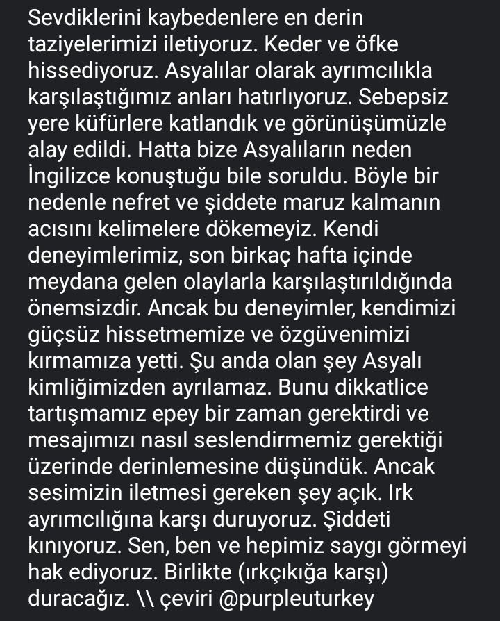 [210330] BTS, Korece ve İngilizce olmak üzere iki aynı metin içeren bir gönderi paylaştı:

"Irk ayrımcılığına karşı duruyoruz. Şiddeti kınıyoruz. Sen, ben ve hepimiz saygı görmeyi hak ediyoruz. Birlikte (ırkçıkığa karşı) duracağız."

Türkçesi ↓

#StopAAPIHate    
#StopAsianHate