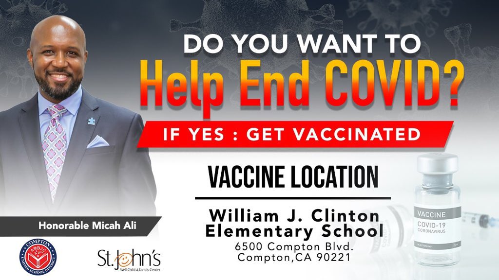 mrmicahali's tweet photo. Thank you to the #Compton community and staff, who have taken the important step of getting vaccinated. Indeed, we are closer to being together again and ending the continued suffering SARS-COVID-2 has wrought in our community. #COVID19 https://t.co/wy5jrMZjaR