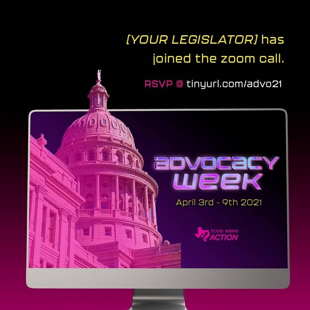 This week we are sticking to what we know best. Helping eachother organize, vote, advocate,repeat. This Thursday April 1st, 7pm!
We'll be going over events like Texas Rising's advocacy week training
Hope to E-see y'all there!