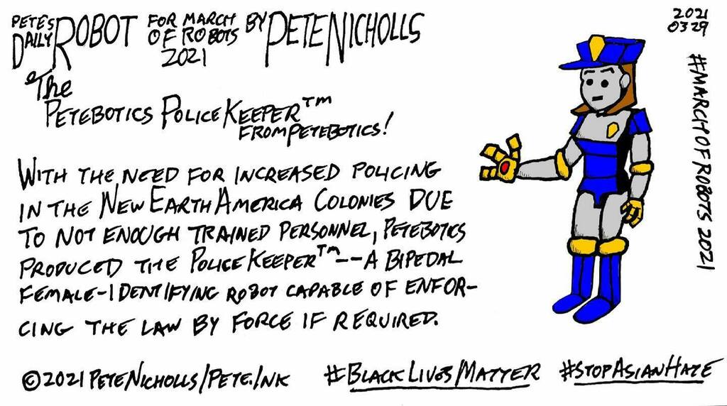 petenicholls_'s tweet photo. The #Petebotics #PoliceKeeper in today’s #PetesDailyRobot! #DailyRobot #RobotDrawing #iamdrawing #robots #webcomic #webcomics #MarchOfRobots #MarchOfRobots2021 #CreateWithXenceLabs https://t.co/ZmWYVR3UiY