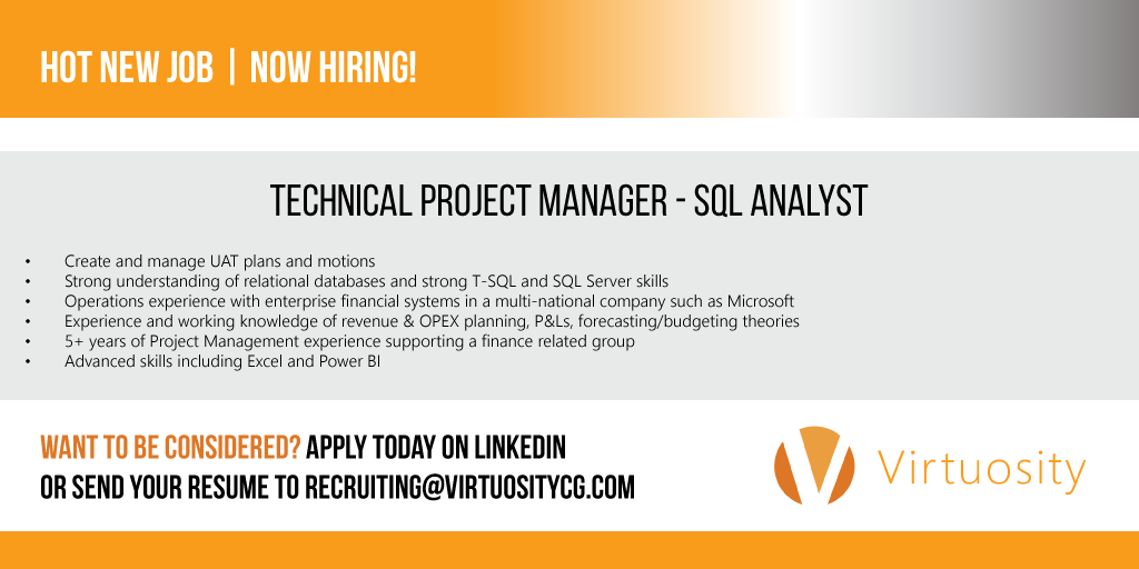 virtuositycg's tweet photo. Virtuosity is seeking a dynamic individual to support our client’s planning financial reporting team, ensuring timely, accurate, accessible and complete information in financial systems of record. 

Apply today: https://t.co/0jCUavWFay 

#TechJobs #Recruiting #ITRecruitment https://t.co/6hOSq6Uv69