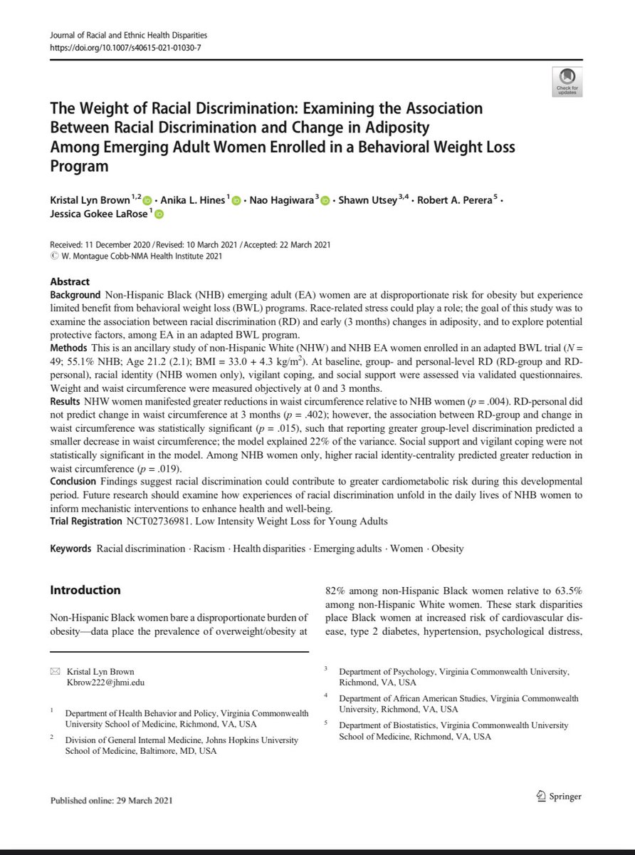 Read my latest #research on #racialdiscrimination #Obesity #BWL and #emergingadult #Blackwomen published with @SpringerNature in [Journal of Racial and Ethnic Health Disparities] Full-text here: rdcu.be/chIO4  #RacismNotRace #AcademicTwitter #CiteBlackWomen