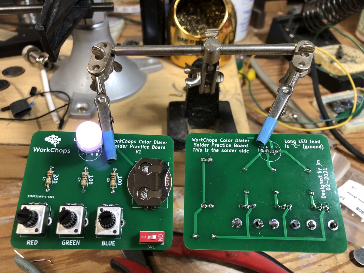 mizesoundguy's tweet photo. My second learn-to-solder board is ready for @codepioneer and her @workchopsdal STEAM enrichment classes. Getting close to needing another run of 200 of my first kit. https://t.co/Z6728fArMt