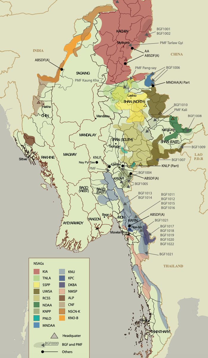 Trotting out this map again.

Each color on the map is a separate indigenous army.

Each is bound by its own web of allies and rivals, its own history and language. Its own means of acquiring money/weapons/ammo. Many w/ semi-discreet links to China or Thailand or the US or India.
