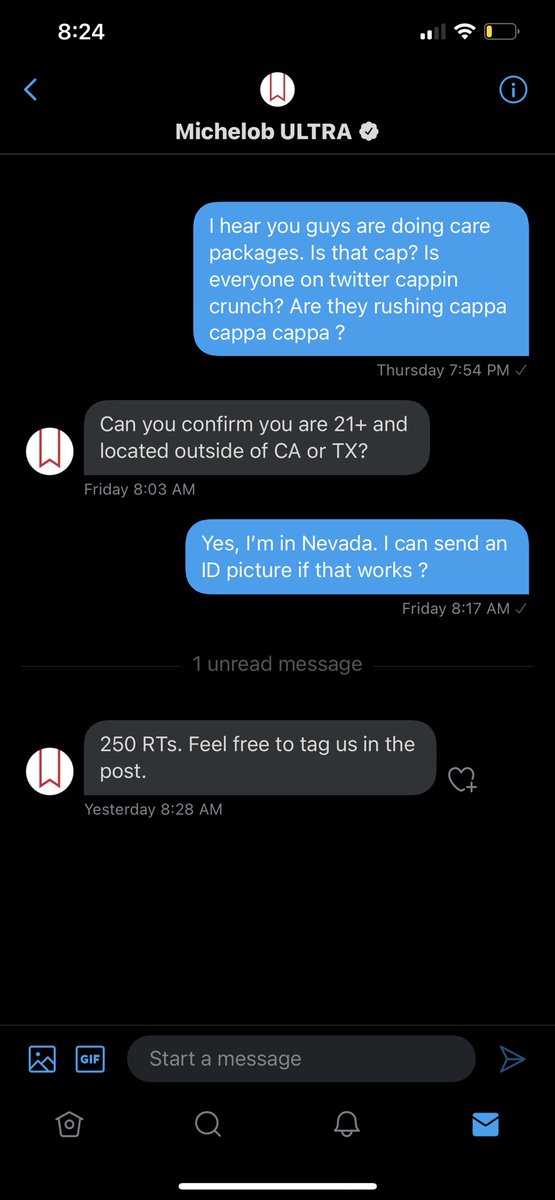 RexFromVegas's tweet photo. Aye I always thought these were BS but @MichelobULTRA is really giving stuff away for retweets. I don’t even know if I can hit 250 RT’s. 

Think you guys can help me out ? https://t.co/r4aNR2RITw
