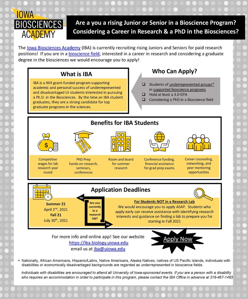 uiowabiology's tweet photo. The @IowaBioAcademy is recruiting for paid research positions for Summer &amp; Fall 2021! Current @uiowa sophomores &amp; juniors considering a graduate degree in the Biosciences &amp; a career in research are encouraged to apply! https://t.co/a3XVR0t1c3 
@loriap12 @UIBioAdvisor @UI_AAC https://t.co/CfPgfHdb40