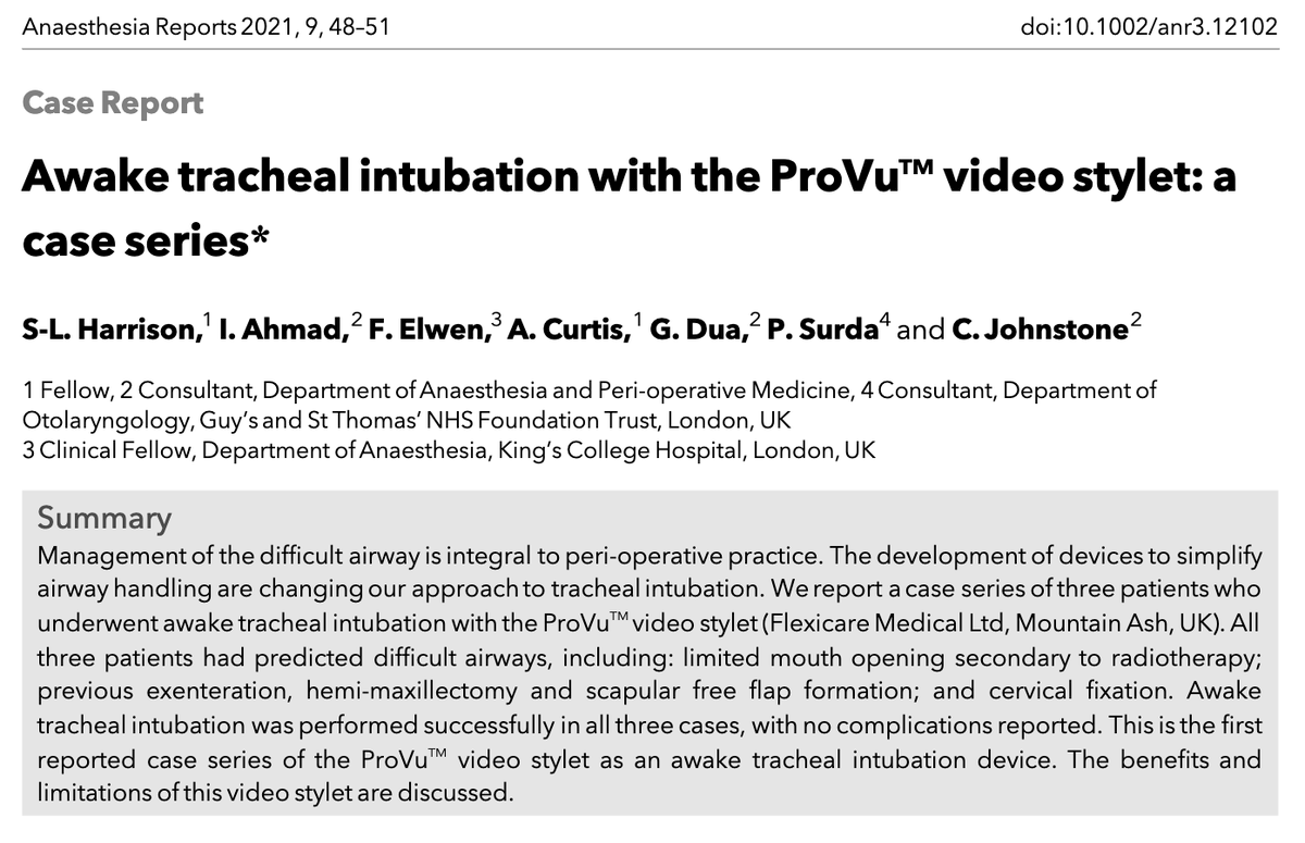 🔐Awake tracheal intubation with the ProVu™ video stylet: a case series #FreeForAWeek

As seen at the 2021 Guy’s Airway Management Course! @GAMCLondon2021

<a href="/siewmoff/">Siew</a> <a href="/dr_imranahmad/">Imran Ahmad</a> <a href="/AlexaCurtis20/">Alexa Curtis</a> <a href="/gunjeet99/">Gunjeet Dua</a> <a href="/c_johnstone1980/">Craig Johnstone</a>

🔗 …-publications.onlinelibrary.wiley.com/doi/full/10.10…