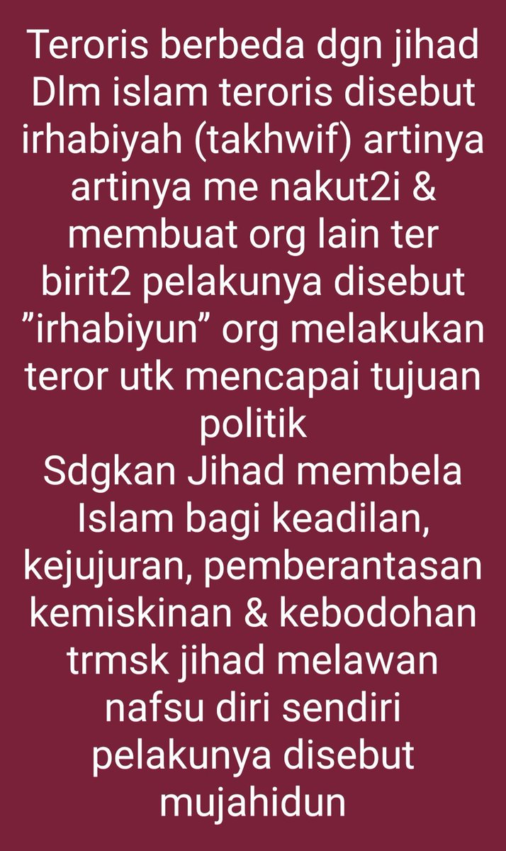 Manteman jgn mau kena goreng klo jihad sama dgn teror, klo ada yg samain jihad ama teror fix org itu dungu &amp; gk faham, teror itu bkn musuh sbagian umat bragama tp musuh semua umat krn teroris aslinya tdk bragama, prbedaan jihad menurut para ahli 👇

Link : pikiran-rakyat.com/nasional/pr-01…