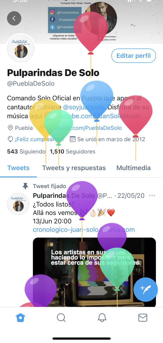PueblaDeSolo's tweet photo. ¡Nuestros globitos de fiesta, porque es Nuestro Noveno Aniversario, hasta remojar la concha en pan! 🥳🎶♥️ https://t.co/riFWE3e1dS
