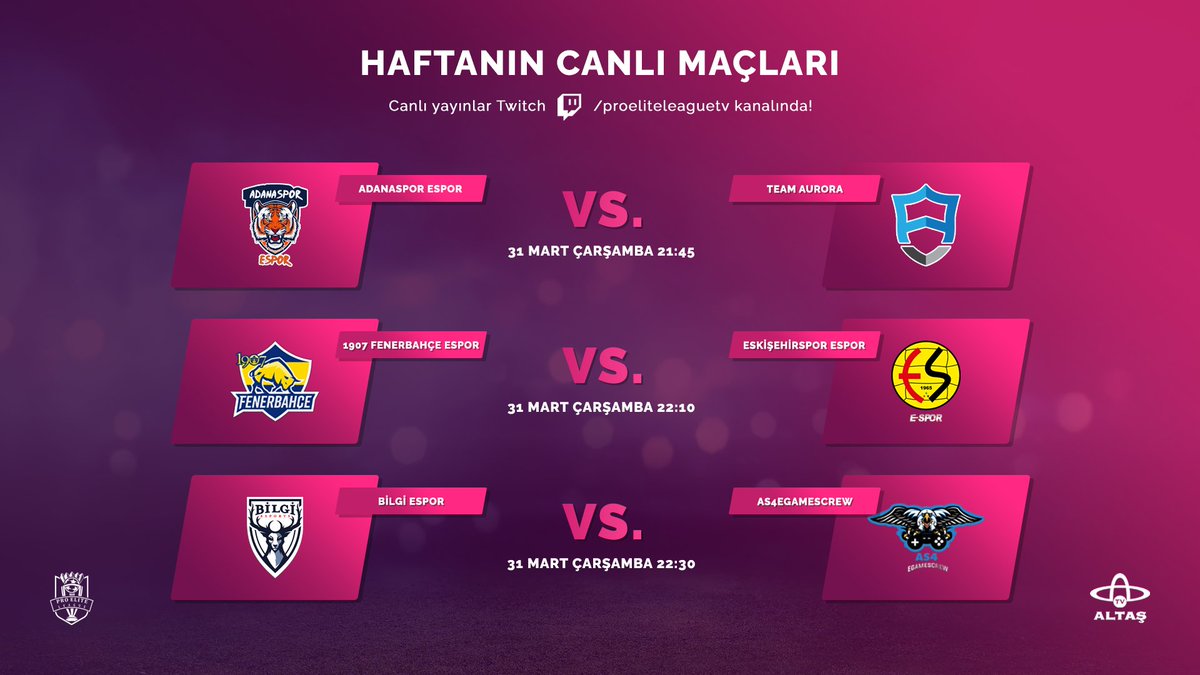 Günün maçları canlı yayınla Pro Elite League TV'de!

21:45 | Adanaspor Espor - Team Aurora
22:10 | 1907 FB Espor - Eskişehirspor Espor
22:30 | Bilgi Espor - AS4eGamesCrew

<a href="/ordualtastv/">Ordu Altaş TV</a> 

twitch.tv/proeliteleague…

#ElitlerinLigi