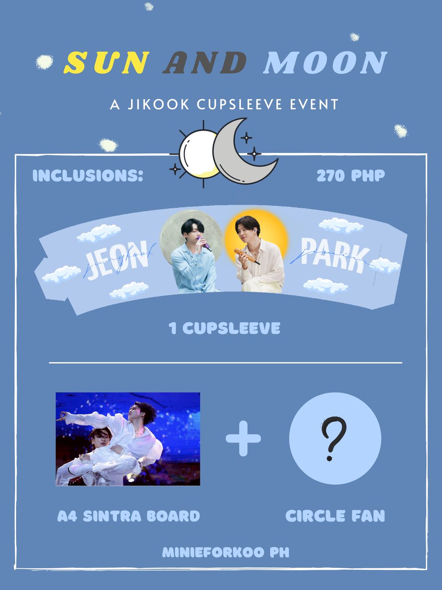 minieforkoo's tweet photo. 💛SUN and MOON💛

Cupsleeve stay-at-home event for BTS Jungkook and Jimin by Minieforkoo PH

270 php + LSF
DOO: April 15
DOP: April 22
ETA: 1st week of May 

registration form: https://t.co/PI3BbkGEhh

please help RT 💛 https://t.co/aakaoN89nW