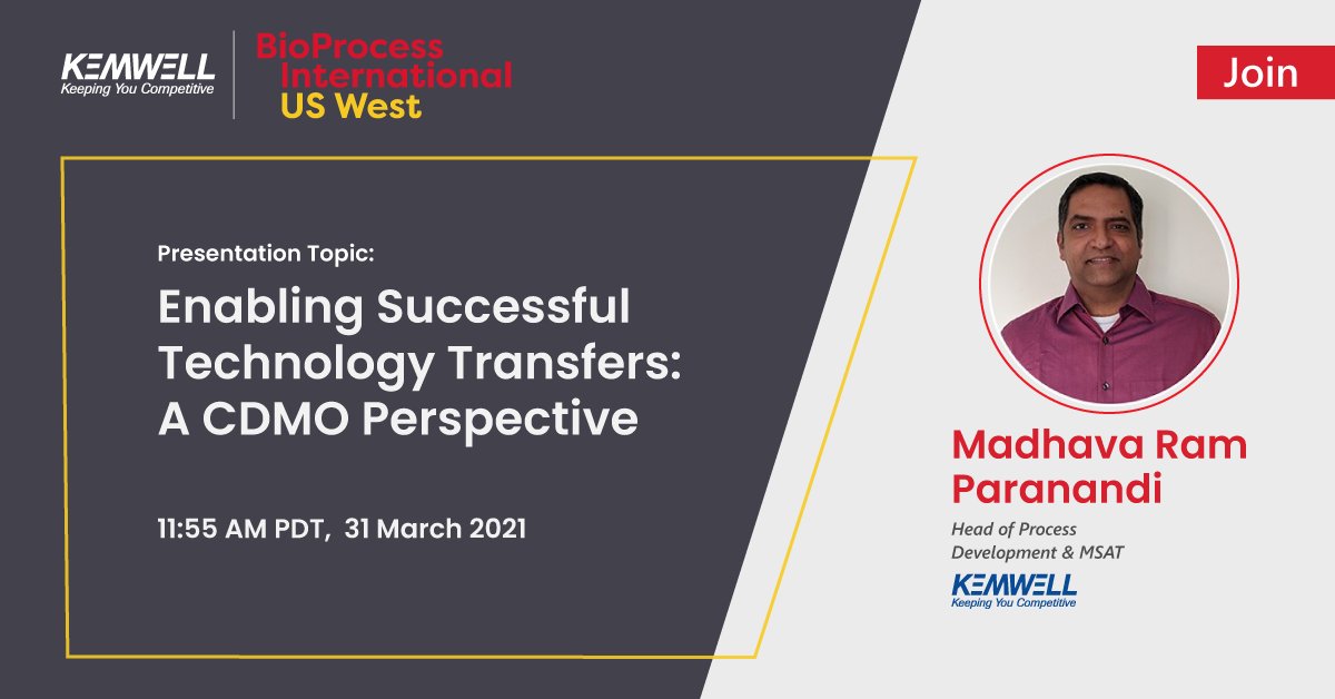 #Speaker spotlight: Madhava Ram Paranandi, Sr. Director, MSAT, At #kemwell
He will be presenting in the upcoming #BPIWEST #conference and #exhibition (31st March) on "Enabling Successful Technology Transfer: A #CDMO Perspective.
For details click: bit.ly/3cWMAAs