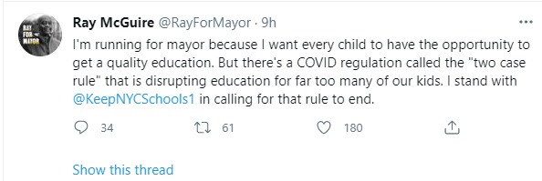 NYCMayorsRace's tweet photo. Winning Tweet #YTA goes to @RayForMayor for his commitment to replacing arbitrary, outdated policies that are preventing in classroom learning for students in NYC Schools. https://t.co/fvXnT8vWUE