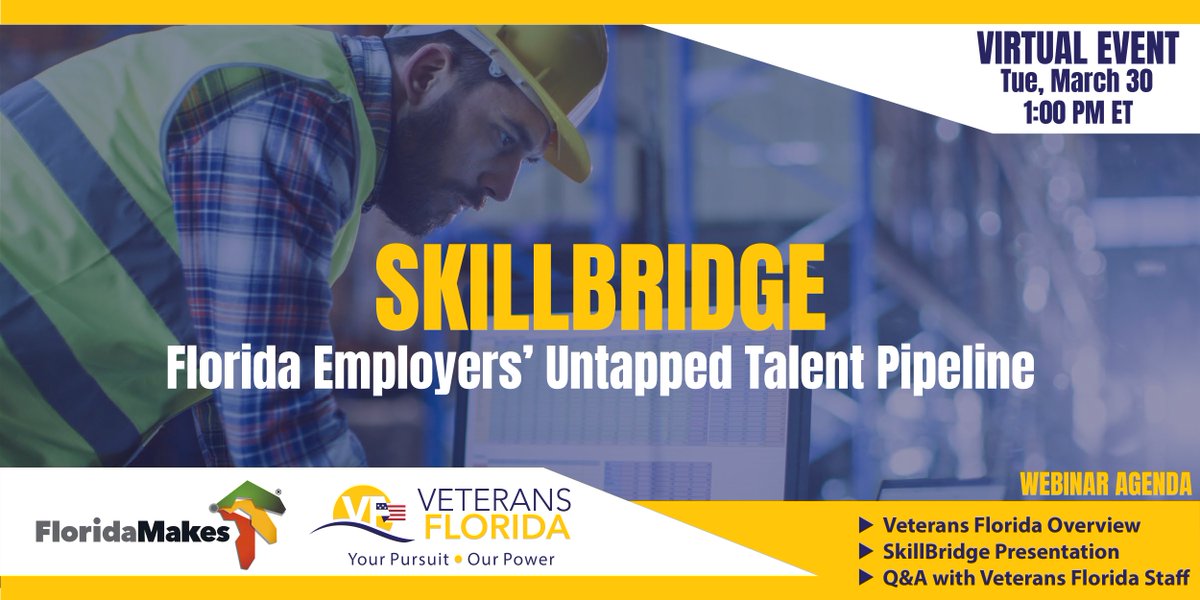 FloridaMakes's tweet photo. DYK that more than 16K #veterans transition out of Florida's 21 military bases each year? Join our webinar with @VetsFL to learn how your business can tap into the servicemember talent pipeline and add skilled workers to your team: https://t.co/BRZCT4V6nq
#FLMakeMore https://t.co/N9lTubcu3C