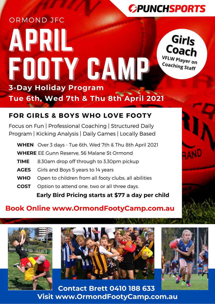 OrmondJFC's tweet photo. Ormond Junior Footy Camp is on next week - Tues 8th, Wed 9th and Thu 10th April. Open to Girls and Boys of all abilities - ages 5 to 14 years. Places filling FAST book your spot now https://t.co/Ijz3ZTq1Te https://t.co/DFdcXKlMg3