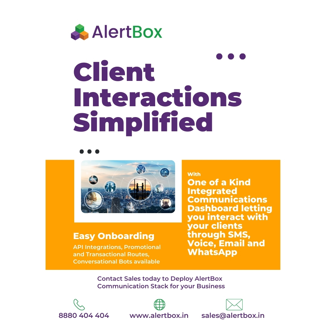 AlertboxIndia's tweet photo. AlertBox provides business communication solutions with one of a Kind Integrated Communications Dashboard letting you interact with your clients through SMS🗨️ Voice🔊 Email✉️ and WhatsApp.

Contact us today to deploy AlertBox Communication stack for your business!💯✨ https://t.co/41ynXiImi7