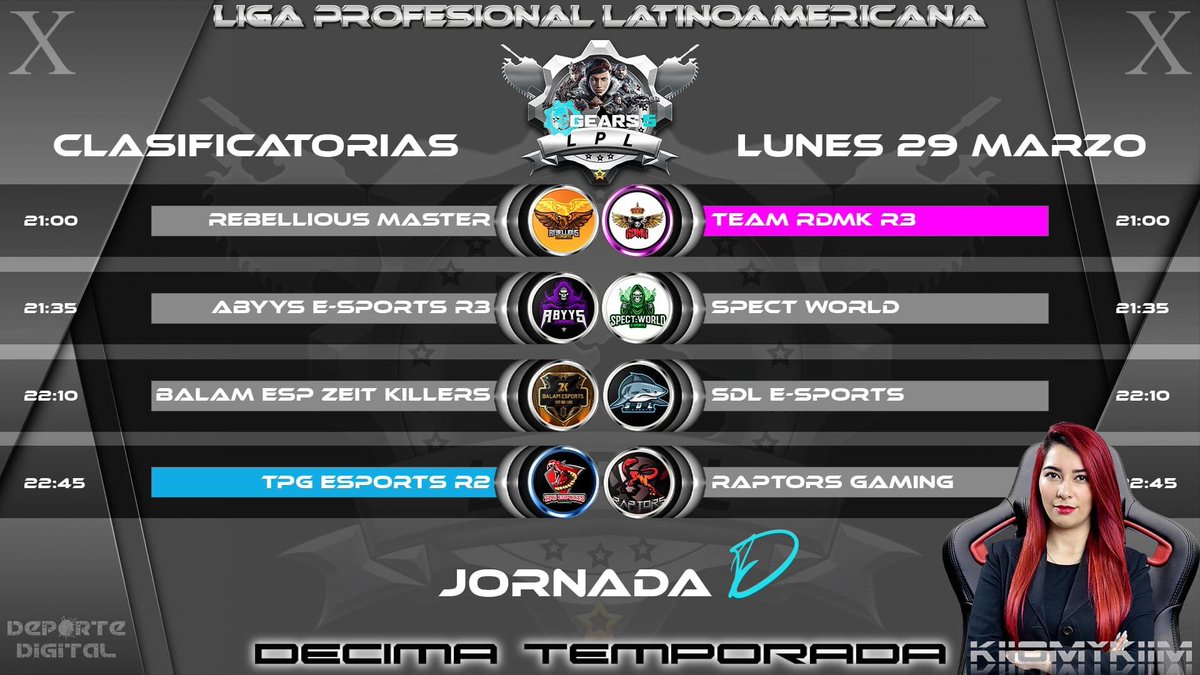 A las 22:45 hrs se enfrenta nuestro roster en la Jornada D de la LPL
<a href="/DeporteDigitalH/">Deporte Digital 01</a> 
@Jizeww 
<a href="/juveezx/">JuvezxTheOne</a> 
@DrxgonZ_A 
<a href="/xupture/">Xup</a>