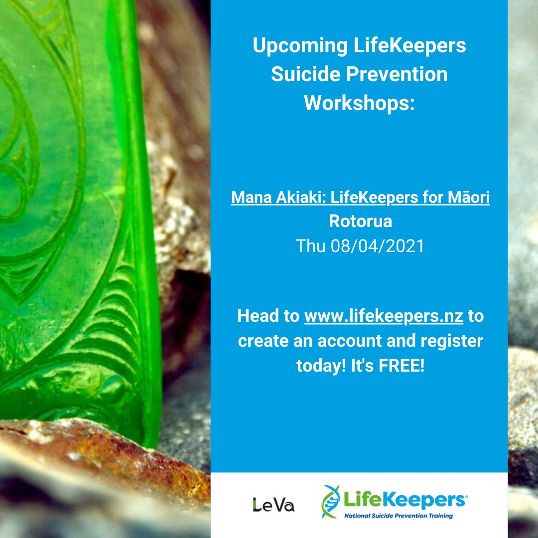LeVaPasifika's tweet photo. Last chance to register!
Want to learn how to prevent suicide in your community? Our Mana Akiaki: #LifeKeepers for Māori FREE suicide prevention workshop is coming to Rotorua on Thursday 8 April.
Head to https://t.co/0TjrjPNjDt to sign up for an account & enrol! https://t.co/JyEqRXYTKu
