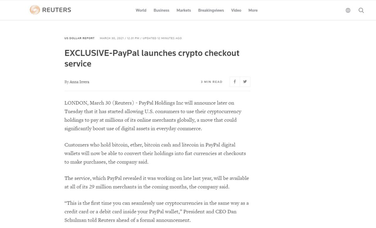 يا سلام ،،، القنبلة الثانيه لليوم الثاني على التوالي 😅✌️ <a href="/PayPal/">PayPal</a>  اكبر شركات التحويلات حول العالم تعلن عن سماحها لمستخدميها باستخدام #العملات_الرقمية #Bitcoin  بالشراء عن طريق شركاءها ✌️

Long Life #Bitcoin