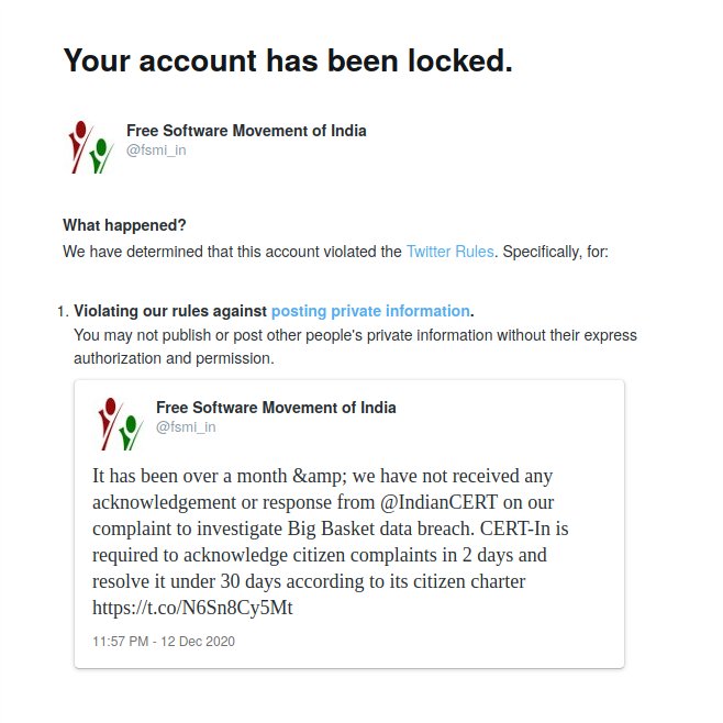 kiranychandra's tweet photo. Twitter has locked out @fsmi_in's account for publishing our letter to grievance officer @IndianCERT about data breach incident involving bigbasket. We did not publish any personal information and demand immediate restoration of the account. @fsmi_in @TwitterIndia https://t.co/yMtZBCd8fH