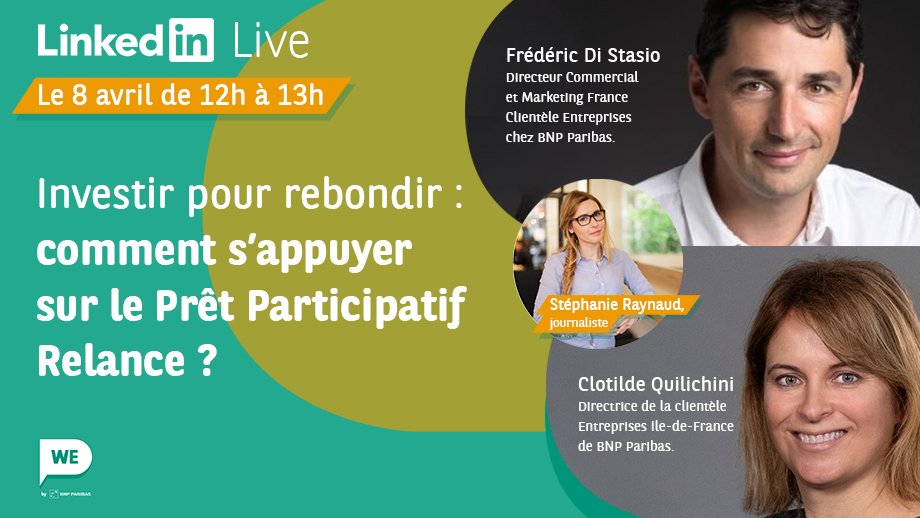 BNPParibas's tweet photo. 📅Comment investir pour rebondir avec le #PrêtParticipatifRelance ?

Pour tout comprendre, rejoignez nous en live avec @QuilichiniC, Dir clientèle Entreprises en IdF &amp; @FredericDi, Dir Commercial et Marketing 🇫🇷.

RDV le 8/04 à 12h sur LinkedIn ➡️https://t.co/gLDiHl42cS https://t.co/eilJZ7jATn