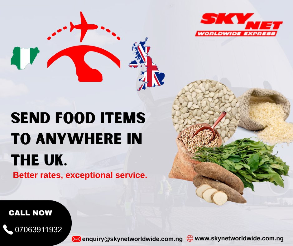 SKYNETNIGERIA's tweet photo. Deliver food items anywhere in the UK. Express door-to-door delivery at the best rates.

Items Not Eligible:
❌ Meat &amp; Fish
❌ Meat &amp; Fishitems

Send a DM or Call/WhatsApp 07063911932 for enquiries.

Chioma + Tinubu + President Buhari + #racksterli + Yaya + #StopAsianHate + Sapa https://t.co/SGBiE0hVrW