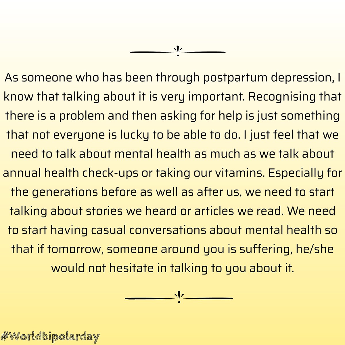 BipolarMahila's tweet photo. Mental health conditions can test the patience of even the 'strongest' of us. 

A beautiful message from an amazing mommy.

Read and share.

#WorldBipolarDay 
#bipolardisorder 
#bipolarmahila
#mentalhealth 
#mentalhealthmatters 
#postpartum 
#postpartumdepression https://t.co/OyAncYjUqX