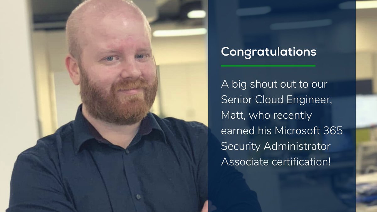 StripeOlt's tweet image. ๐ Employee Appreciation Post ๐
A huge congratulations is in order for Matt passing his MS-500 exam, and earning the Microsoft 365 Security Administrator Associate certification! ๐
#EmployeeAppreciation #MicrosoftCertified #MicrosoftExperts #CloudSpecialists