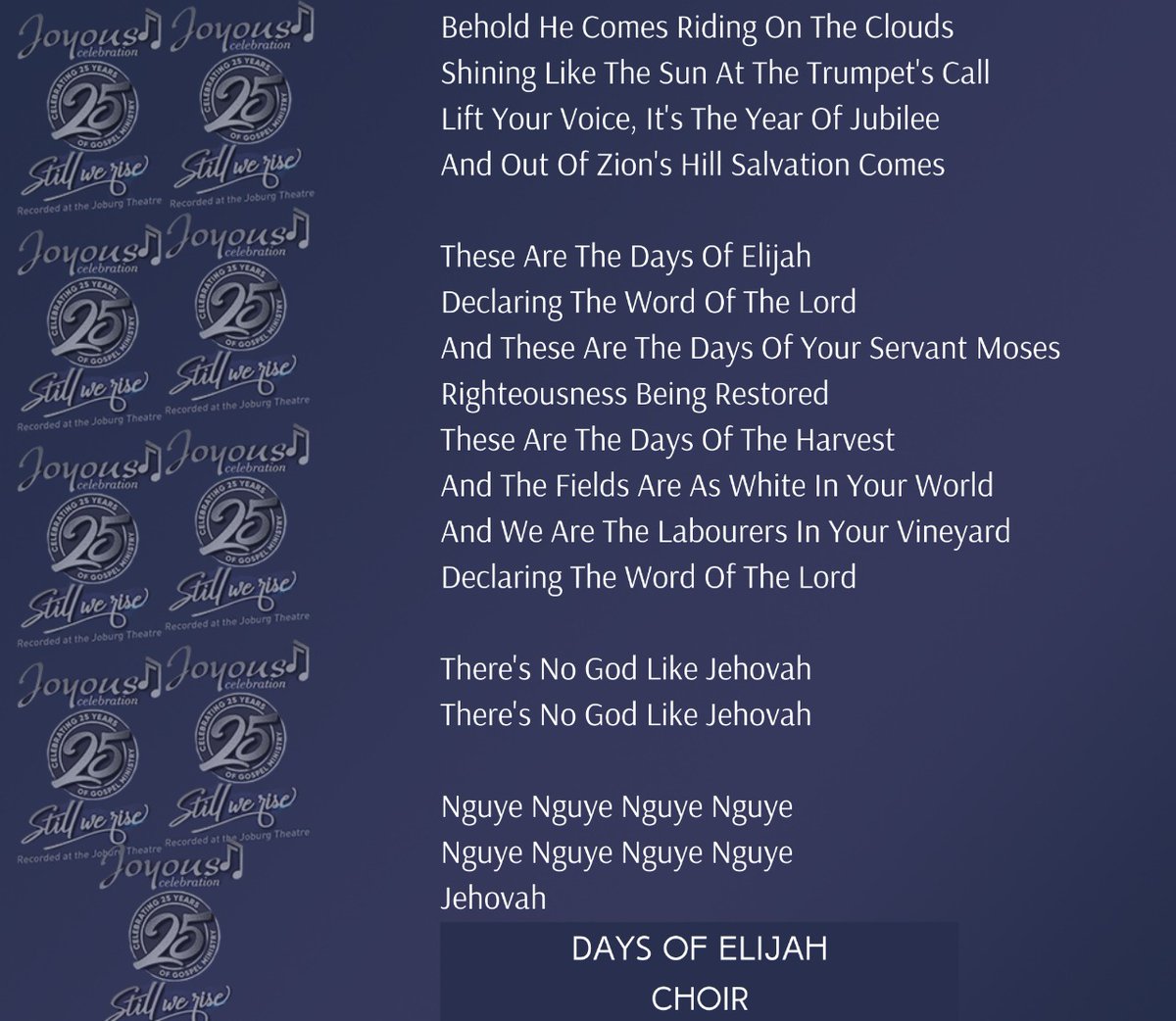 WeLoveJoyous's tweet photo. Joyous Celebration 25 Lyrics
#DaysOfElijah #JC25 #StillWeRise https://t.co/BQ8gCMblxd