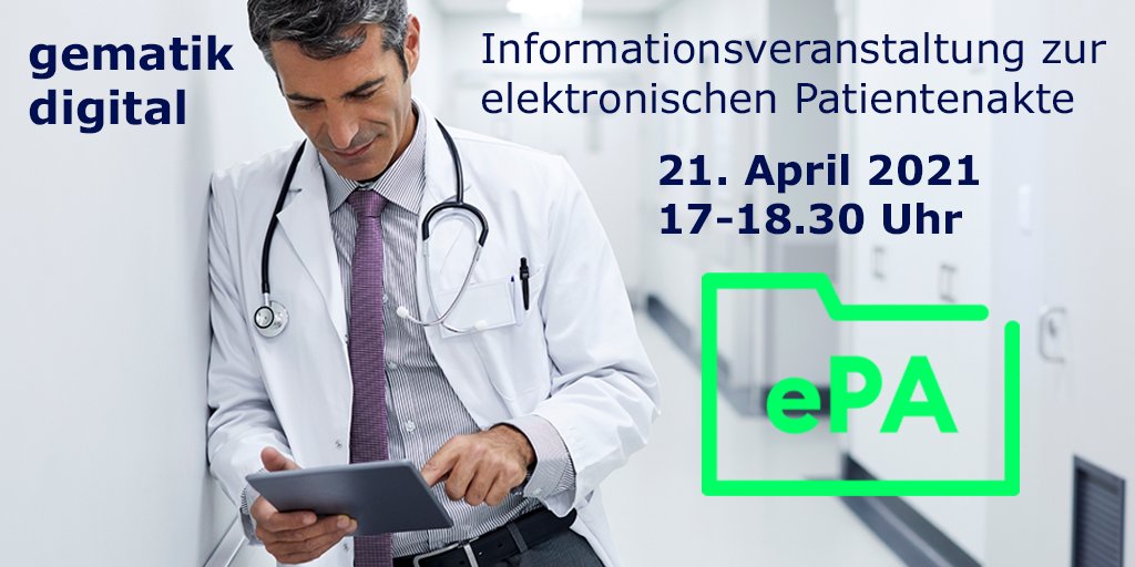 gematik1's tweet photo. Dürfen wir vorstellen: Unsere neue Veranstaltungsreihe #gematikdigital startet am 21.04.2021, von 17 bis 18.30 Uhr. Auf dem Programm stehen die #ePA und jede Menge Infos für Ärzte - z.B. Anwendung im Praxisalltag und rechtliche Aspekte. Jetzt anmelden: https://t.co/Zn2TkMdXvu https://t.co/ts7QrycTNz