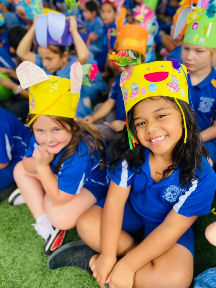 GSPS1889's tweet photo. Granville South students had an amazing time hopping around at the Easter Hat Parade today, showing off their wonderful hats! When students returned to class, they had a big surprise...the Easter Bunny had been sneaking around the school and had left footprints everywhere! https://t.co/GUmipyQDmM
