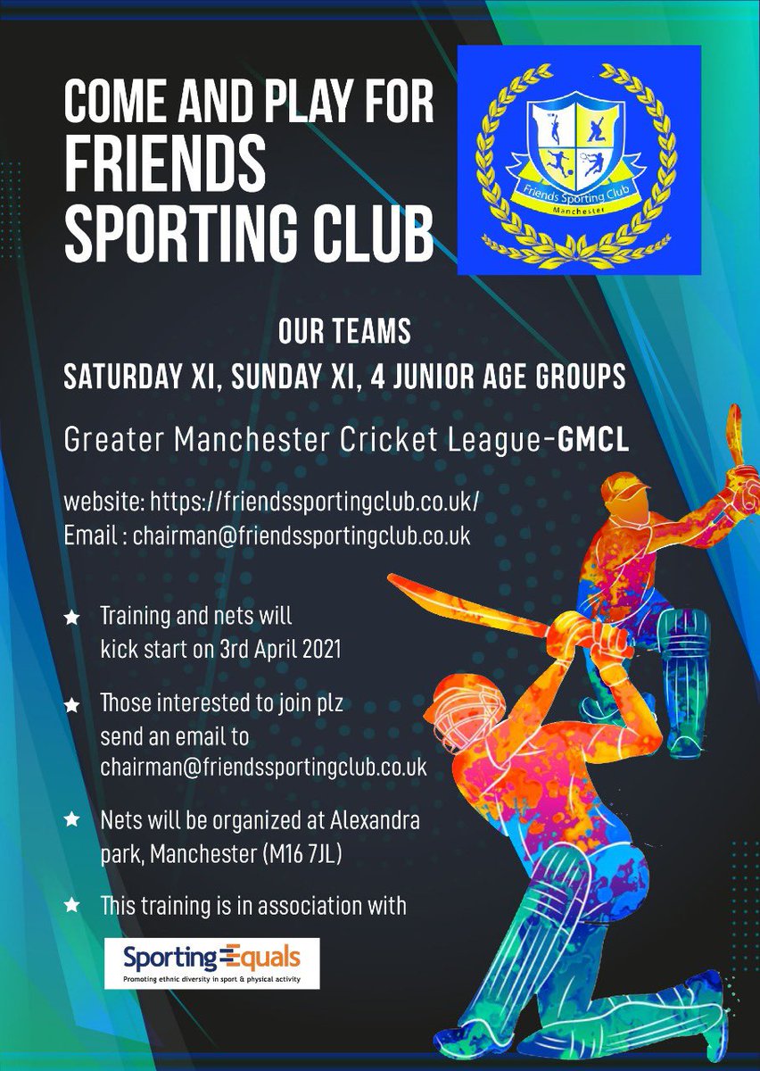 FSC_Manchester's tweet photo. FREE CRICKET COACHING /RECRUITING CAMP.  
Are you looking for a friendly, inclusive club to play cricket? Regardless of your skill level, age or gender? we will give opportunity to play cricket regularly. Join Friends Sporting Club. Training camp starting on 3rd April at Alexpark https://t.co/8knjWv5IJL