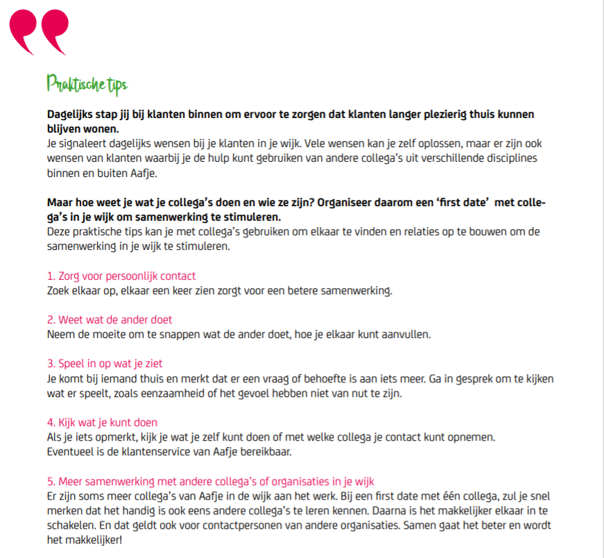 wijzijnvanaafje's tweet photo. Kan jij soms de hulp gebruiken van collega's uit andere disciplines binnen én buiten #Aafje? Organiseer een #firstdate met collega's in je wijk om samenwerking te stimuleren! Gebruik deze tips, 👇

#Aafjeinspireert #langerthuiswonen https://t.co/Ha5LTflB7X