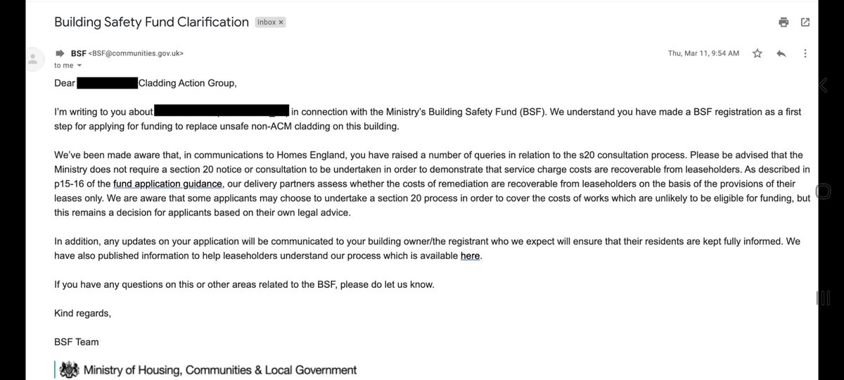 BH_CAG's tweet photo. We were repeatedly told by MA &amp; Homeground that a s20 was a requirement of the Building Safety Fund to prove we were liable for costs.
We knew this was wrong &amp; @mhclg have now confirmed this
More money wasted through FH incompetence.
#EndOurCladdingScandal
@McrCladiators @ukcag https://t.co/SNnc8x8bLq