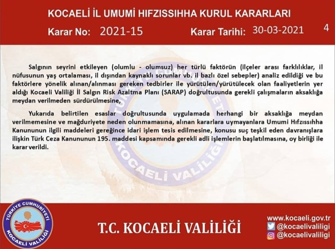 📣 Kocaeli İl Umumi Hıfzıssıhha Kurul Kararları
instagram.com/p/CNCWGTPMXIT/…
__
.
.
.
.
#kocaelivaliliği #kocaelitedbirler
#koronavirüstedbirleri
#yenikararlar #koronavirüsrisk
#izmit