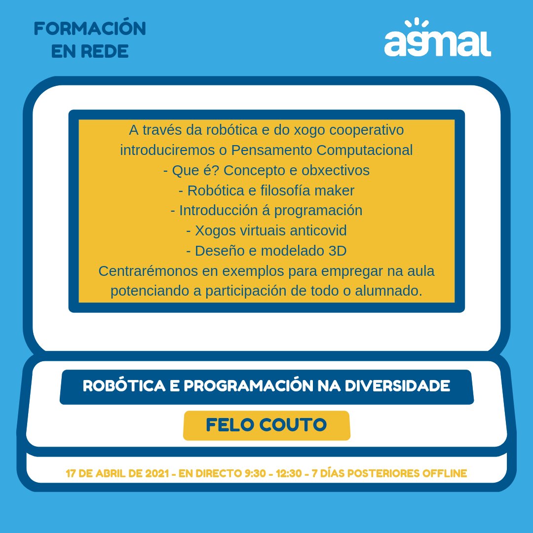 agmal_info's tweet photo. Aquí tedes toda a información sobre o curso de Felo Couto o 17 de abril sobre "Robótica e programación na diversidade".
Serán 3 horas online e 7 días posteriores de visualización offline. Inscripcións aínda abertas!
https://t.co/l3jTfrD0Dg
#movimientoal
#robótica
#agmal https://t.co/cD1cxmbLIp