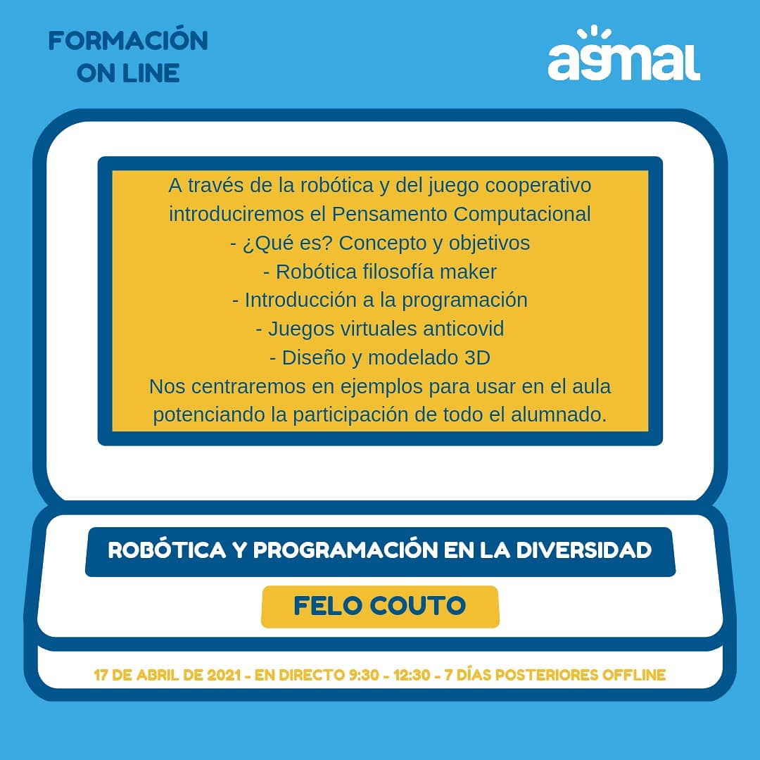 agmal_info's tweet photo. Aquí tedes toda a información sobre o curso de Felo Couto o 17 de abril sobre "Robótica e programación na diversidade".
Serán 3 horas online e 7 días posteriores de visualización offline. Inscripcións aínda abertas!
https://t.co/l3jTfrD0Dg
#movimientoal
#robótica
#agmal https://t.co/cD1cxmbLIp