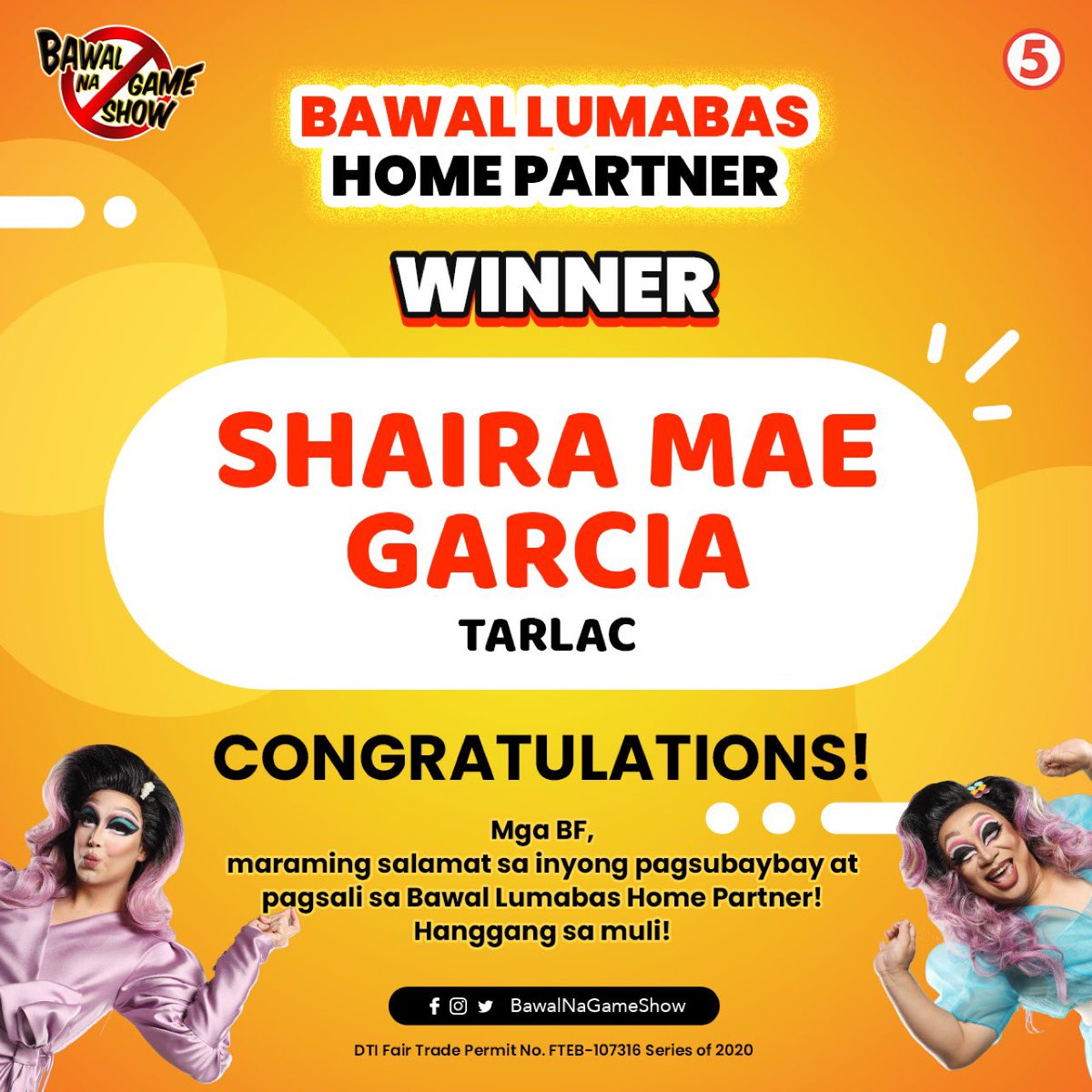 Congratulations, BF Shaira Mae! 🎉

Bongga! Nanood lang ng #BawalNaGameShow, nanalo na agad ng 10,000 pisos! 👏🏼

Mga BF, maraming salamat sa inyong pagsubaybay at pagsali sa Bawal Lumabas Home Partner. Hanggang sa muli! 🌞