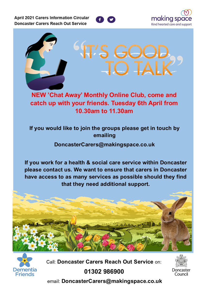 CarersDoncaster's tweet photo. We will be holding an additional zoom group in April for the carers' of Doncaster. Carers' have expressed that they would like a session to just "catch up &amp; chat". So please join us on Tuesday 6th April 10:30am-11:30pm. 👇 #ItsGoodToChat https://t.co/lQeaDFxQDP