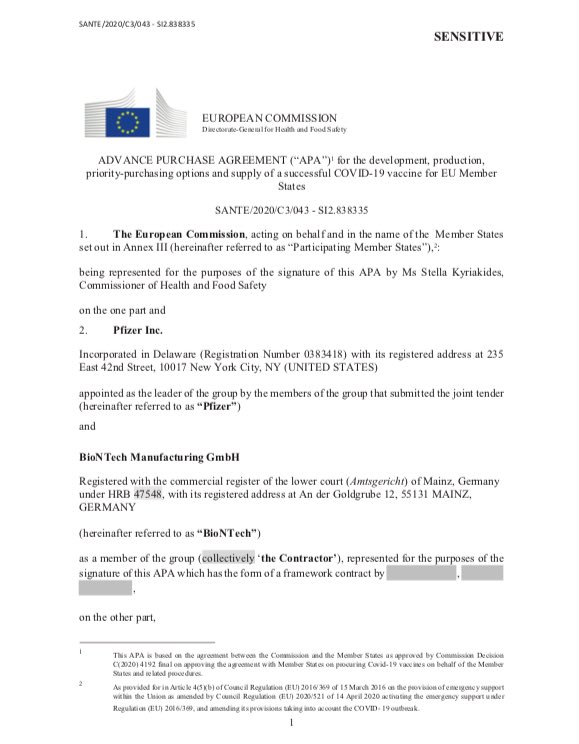 mbompard's tweet photo. Mesdames, Messieurs, voici le contrat passé par la commission européenne concernant le vaccin #Pfizer. Vous pouvez admirer l’effort de transparence ! 

Cette opacité et ce mépris pour les citoyens sont insupportables. https://t.co/QJAceL0M04