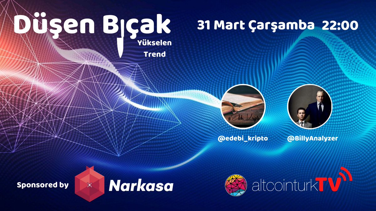 altcointurk's tweet photo. 31 Mart Çarşamba akşamı saat 22:00’de @NarkasaTR sponsorluğunda
 
@edebi_kripto &amp; @BillyAnalyzer ile birlikte kriptopara marketi tarıyor, popüler koinleri değerlendiriyoruz

"Düşen Bıçak, Yükselen Trend" programı canlı olarak 

Altcointurk TV Youtube Kanalında https://t.co/12Dy2rz4OF