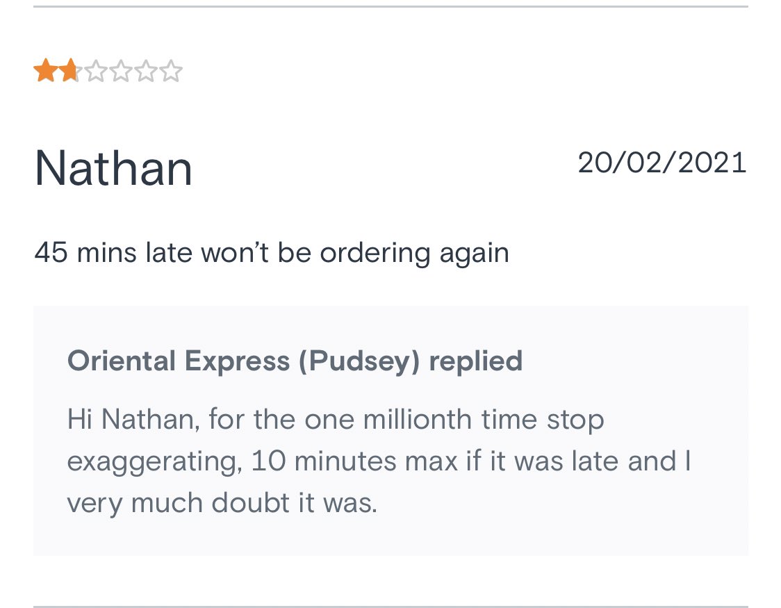 gabbiejarvis's tweet image. I am sat crying reading these just eat reviews from a Chinese in Leeds 😭🤣