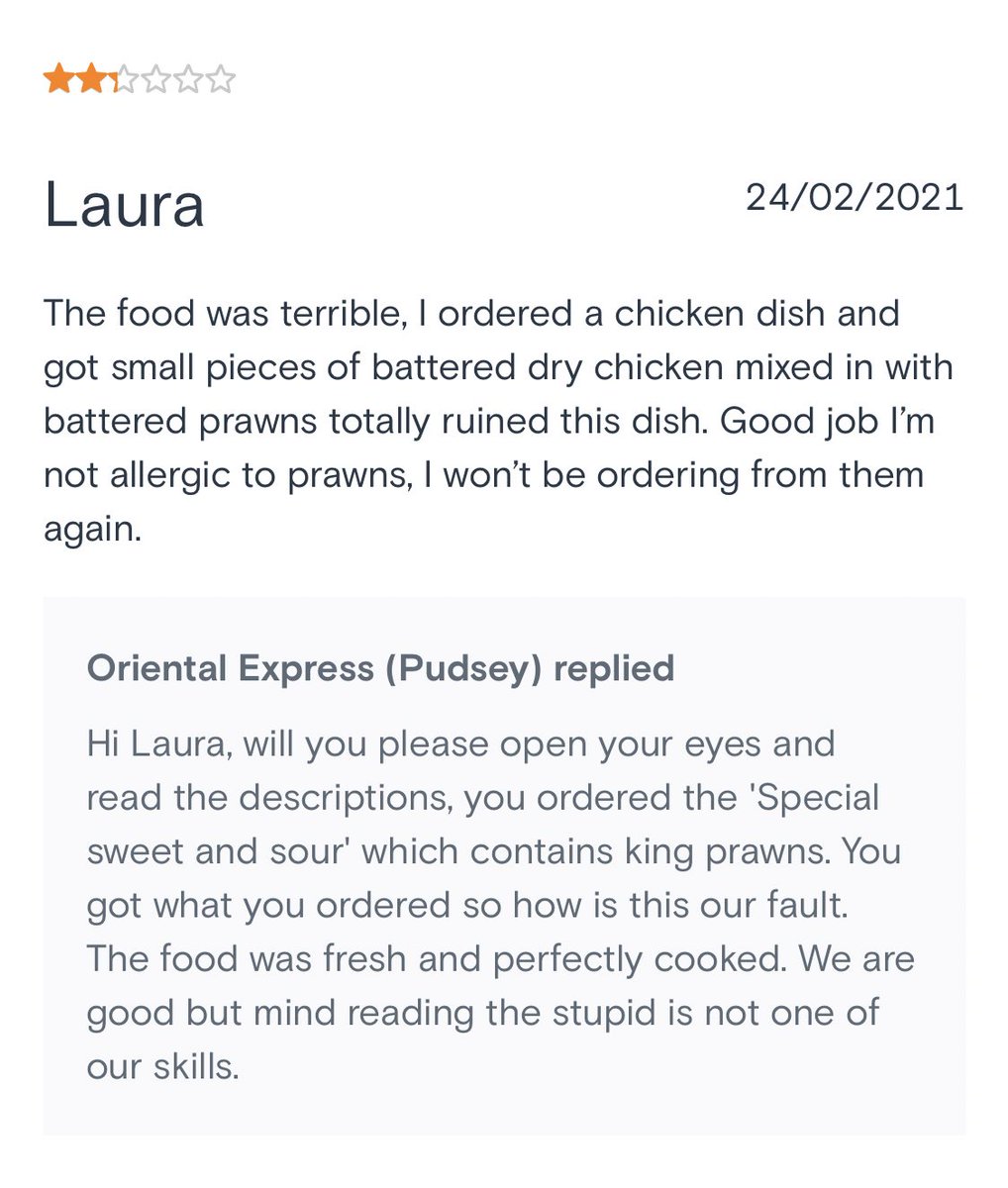 gabbiejarvis's tweet image. I am sat crying reading these just eat reviews from a Chinese in Leeds 😭🤣