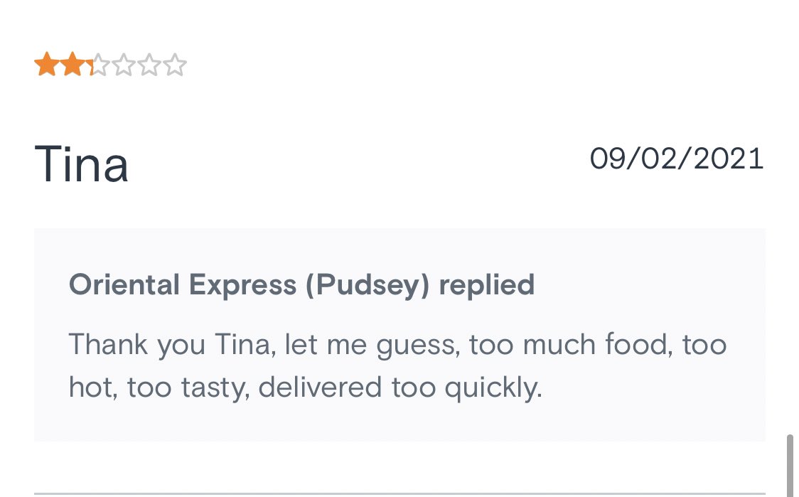 gabbiejarvis's tweet image. I am sat crying reading these just eat reviews from a Chinese in Leeds 😭🤣